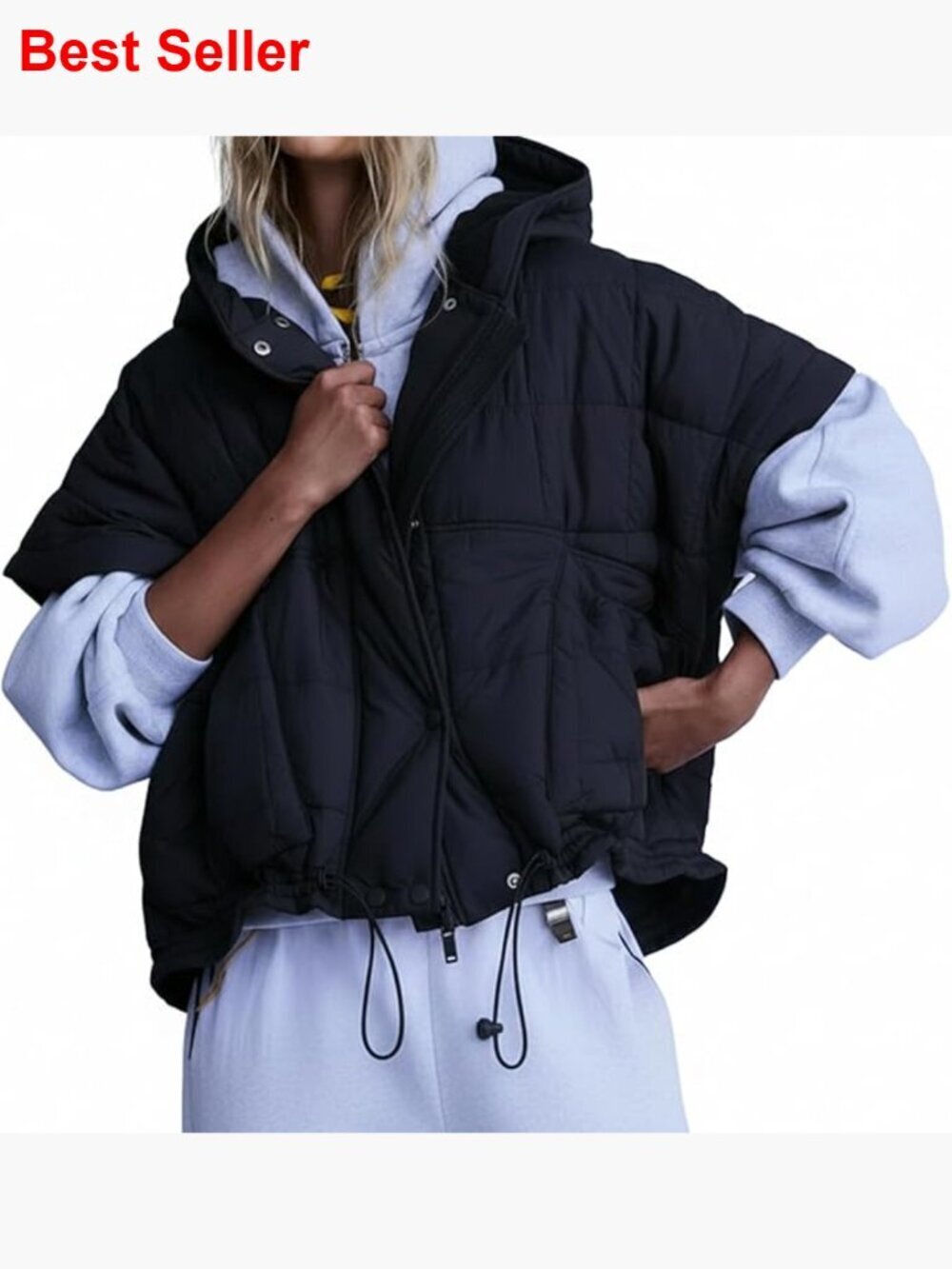 Quilted Puffer Vest with Hoodie Oversized Short Sleeves Jacket